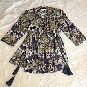 Jaase Floral Paisley Kimono Peplum Wrap Top Tie Belt Tassels Boho Festival